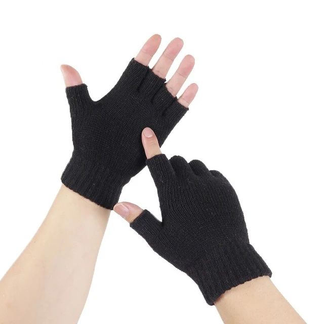Black Half Finger Kittened Wool Hand Gloves for Men and Women